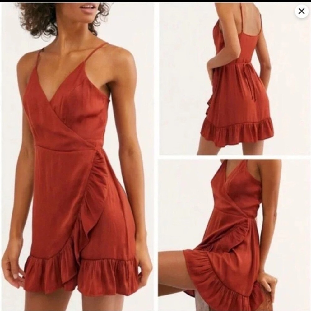 Free People Intimately  All My Love Wrap Mini Dress In Orange Rust Satin XS